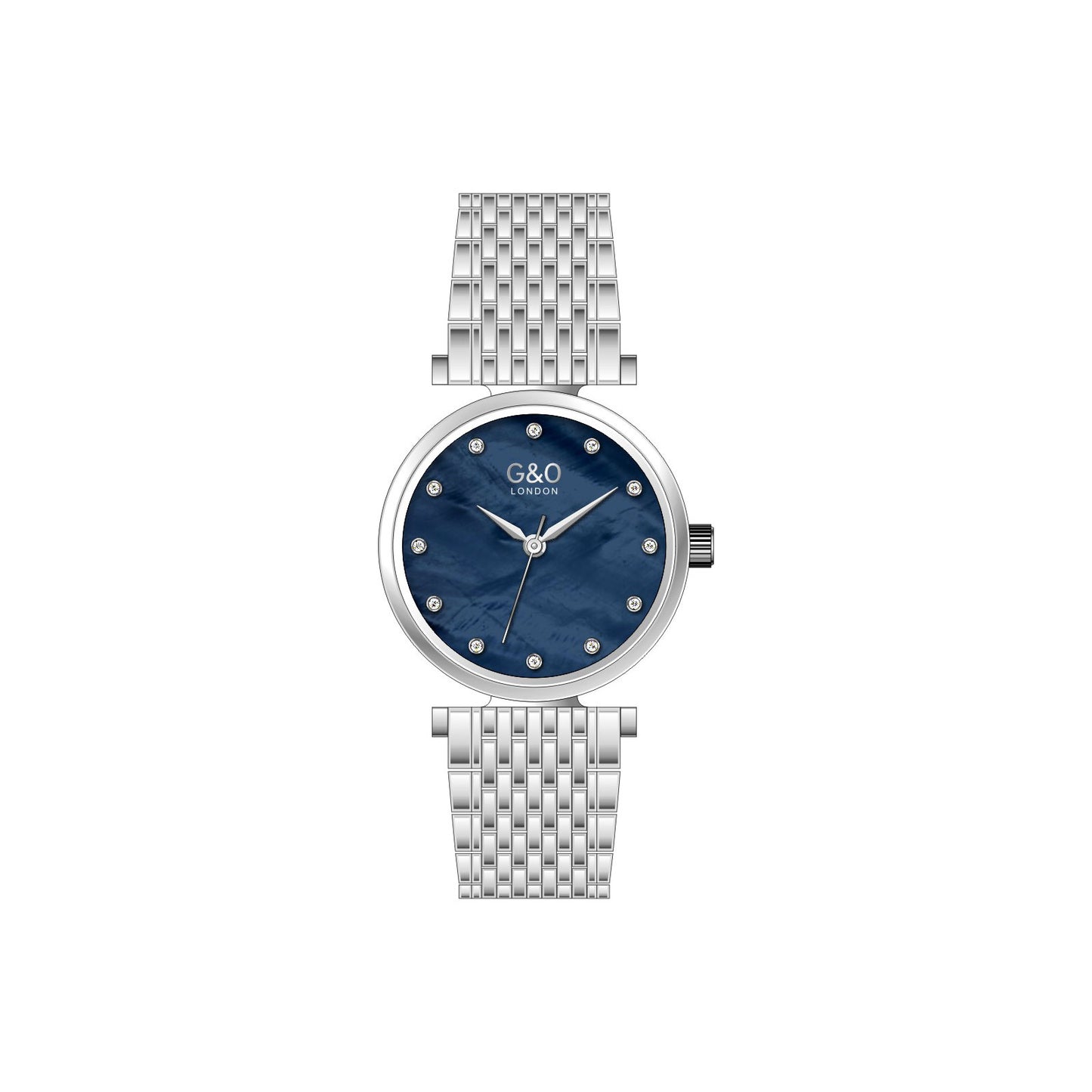 Silver watch with blue face on a white background
