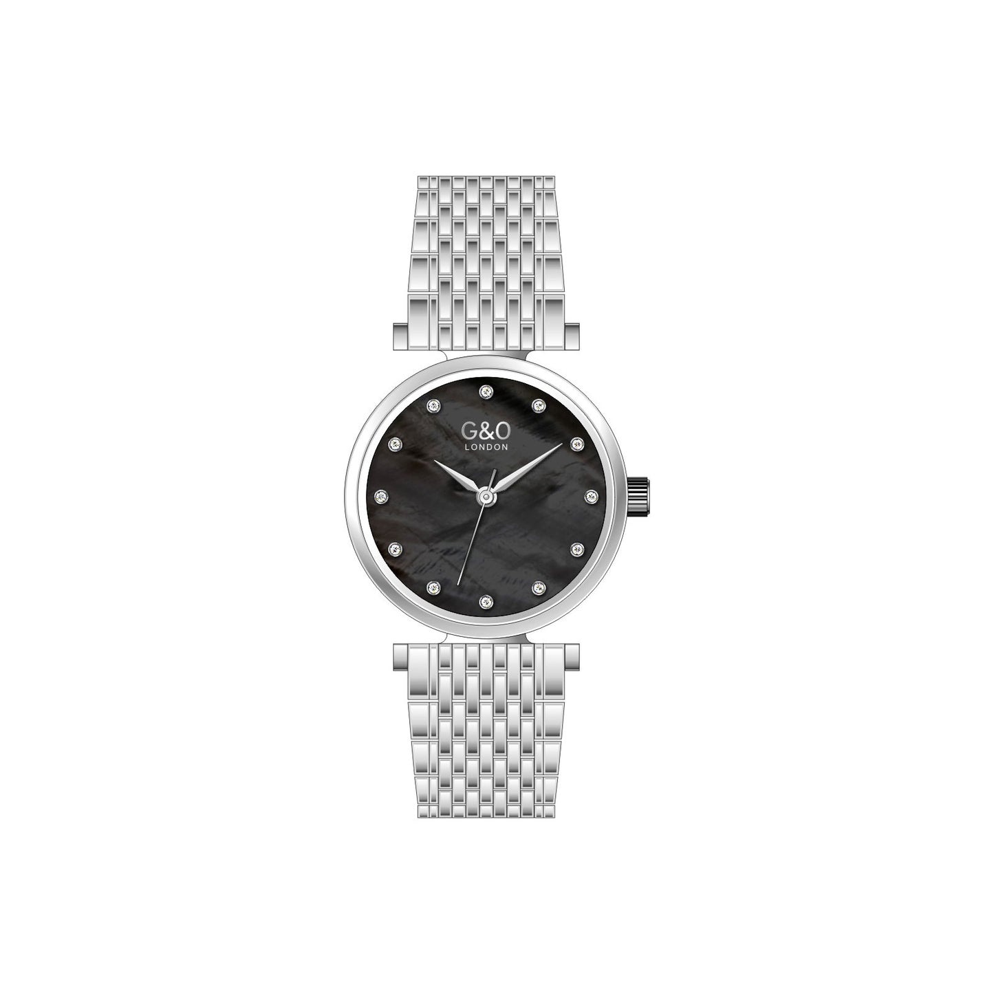 Silver watch with black face on a white background