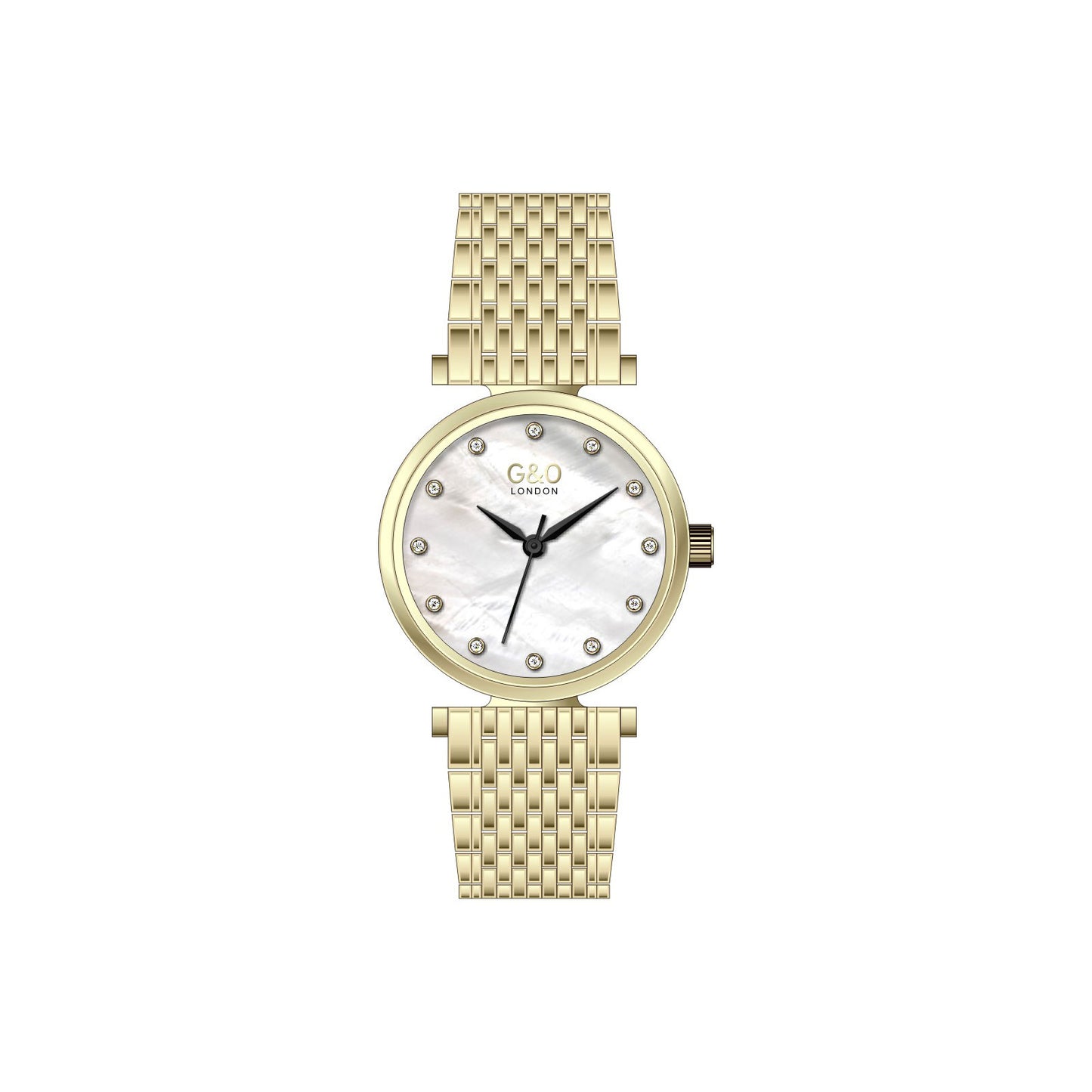 Gold watch with a white face on a white background