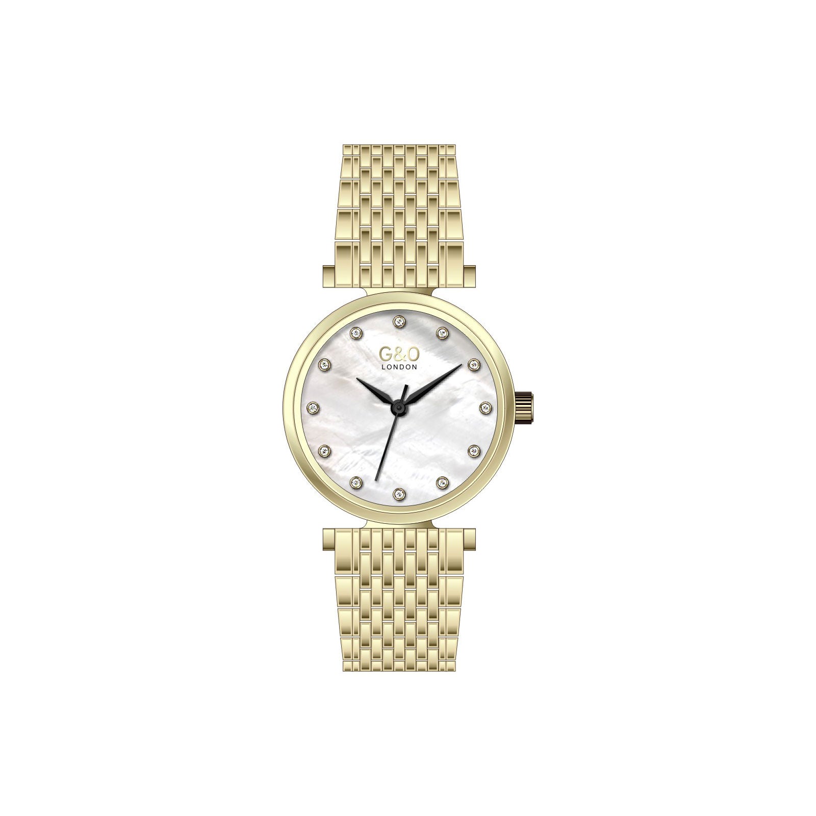 Gold watch with a white face on a white background