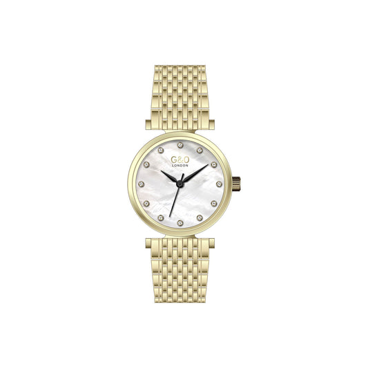 Gold watch with a white face on a white background