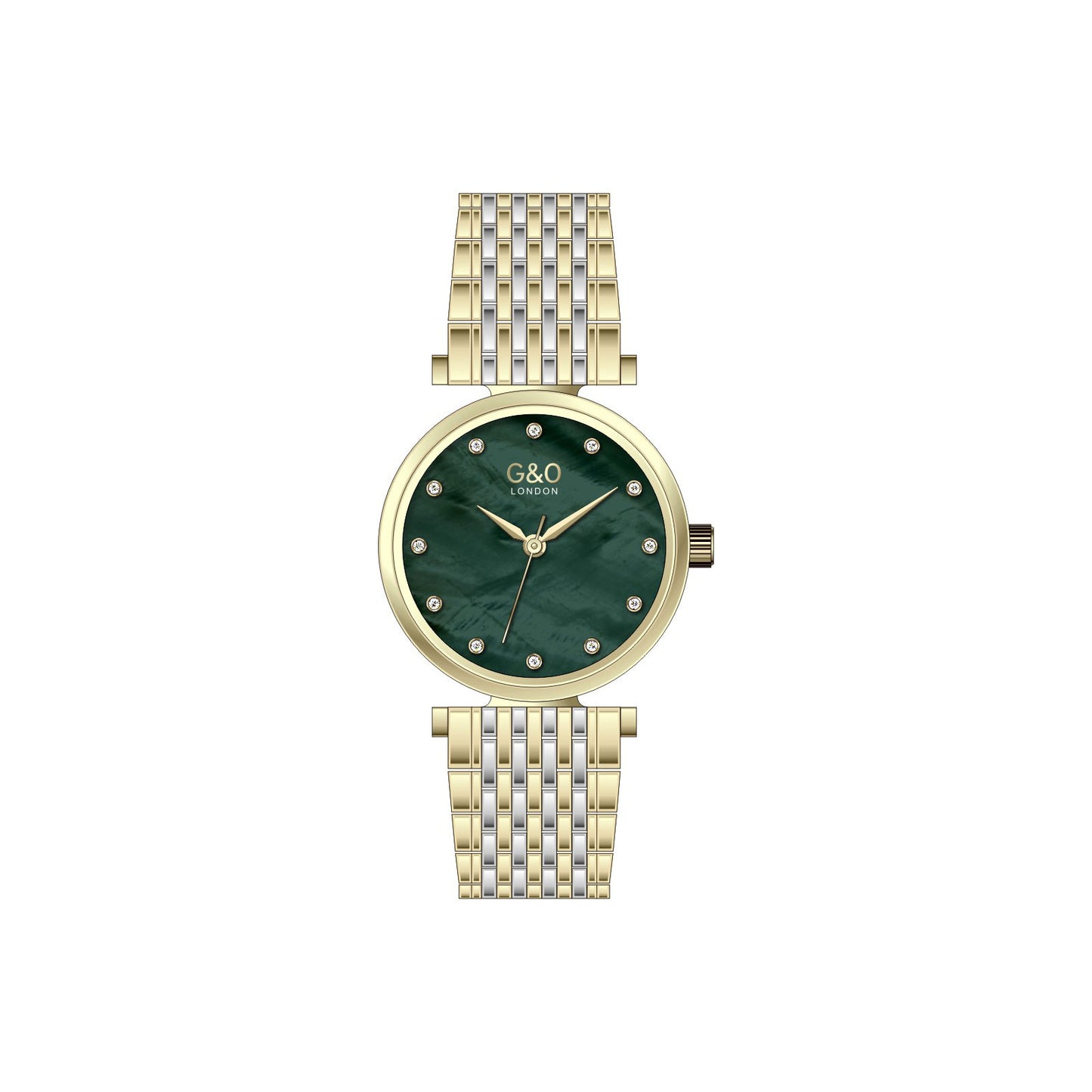 Gold watch with a green face on a white background