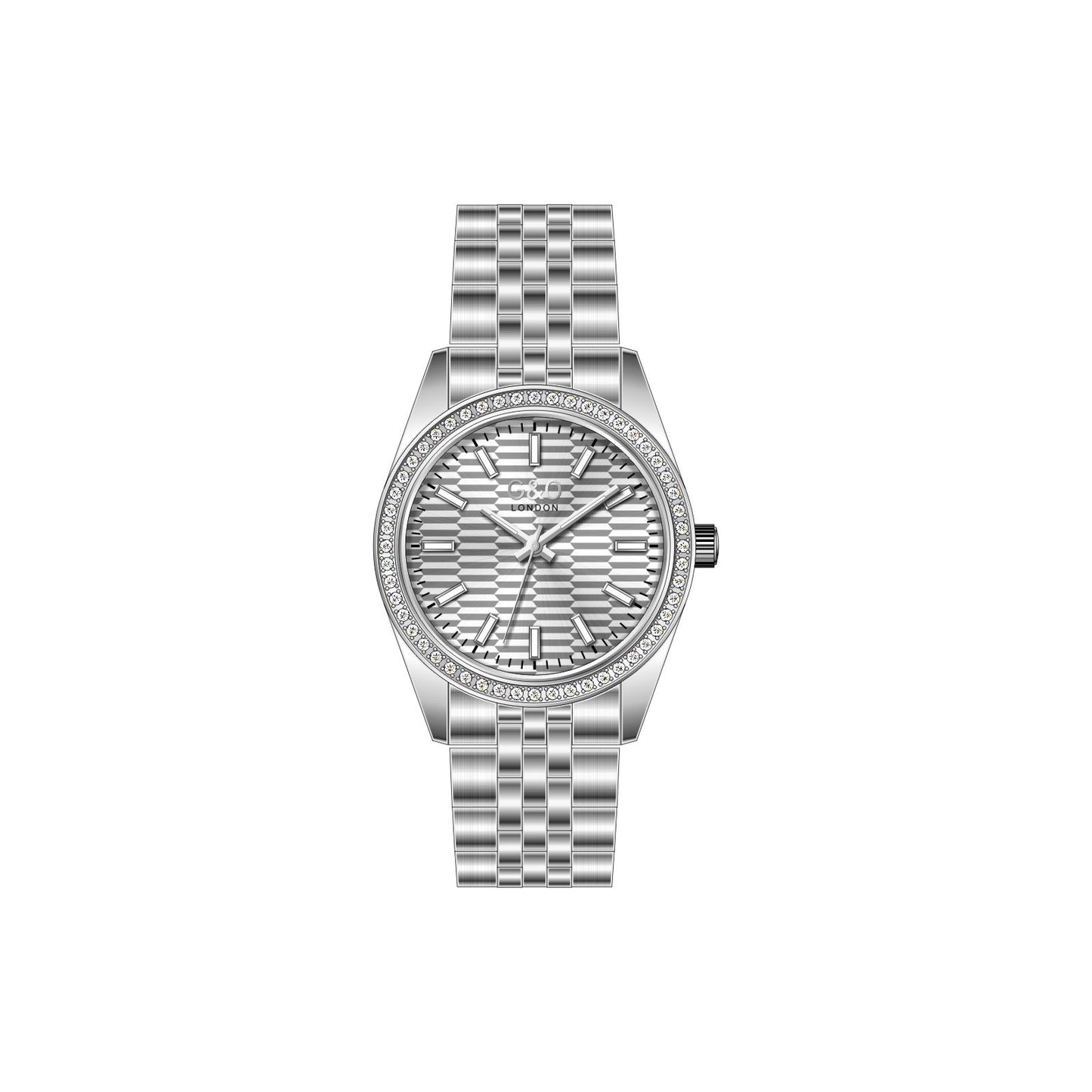 Silver watch with a detailed face on a white background