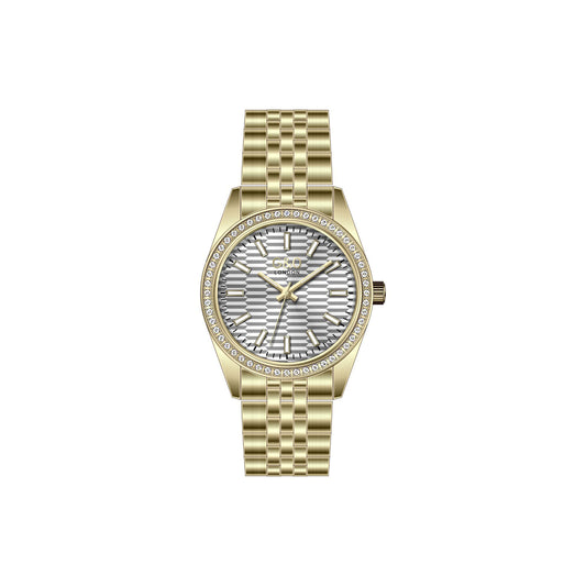 Gold watch with diamond-studded face on a white background